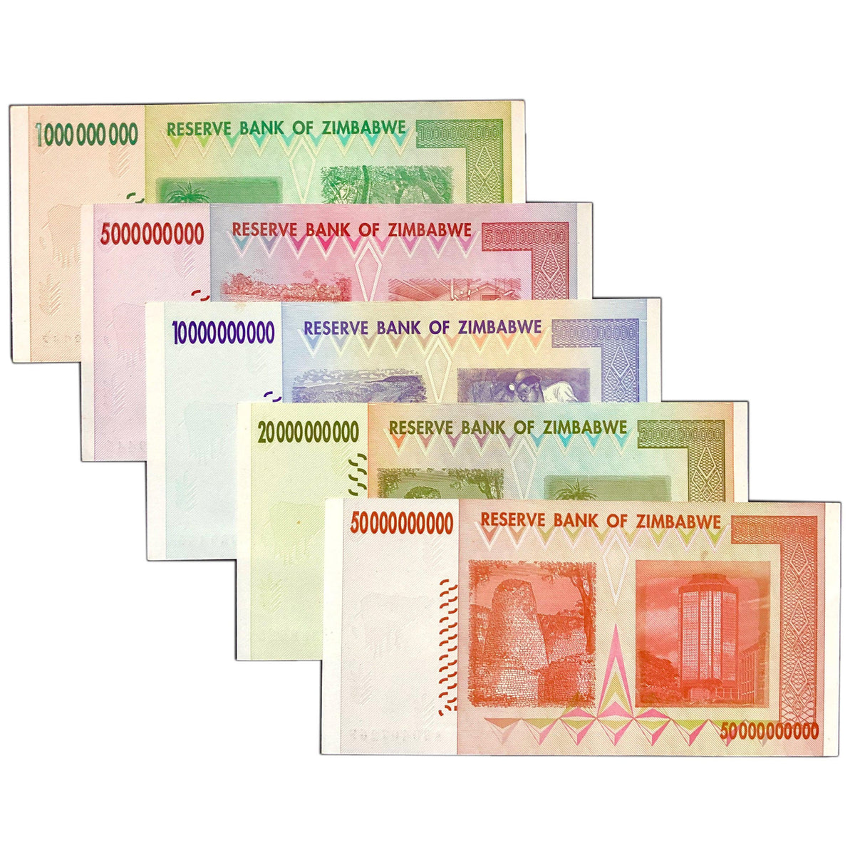 Set 5 Pcs Zimbabwe Billion Banknotes 2008 Series AA/AB