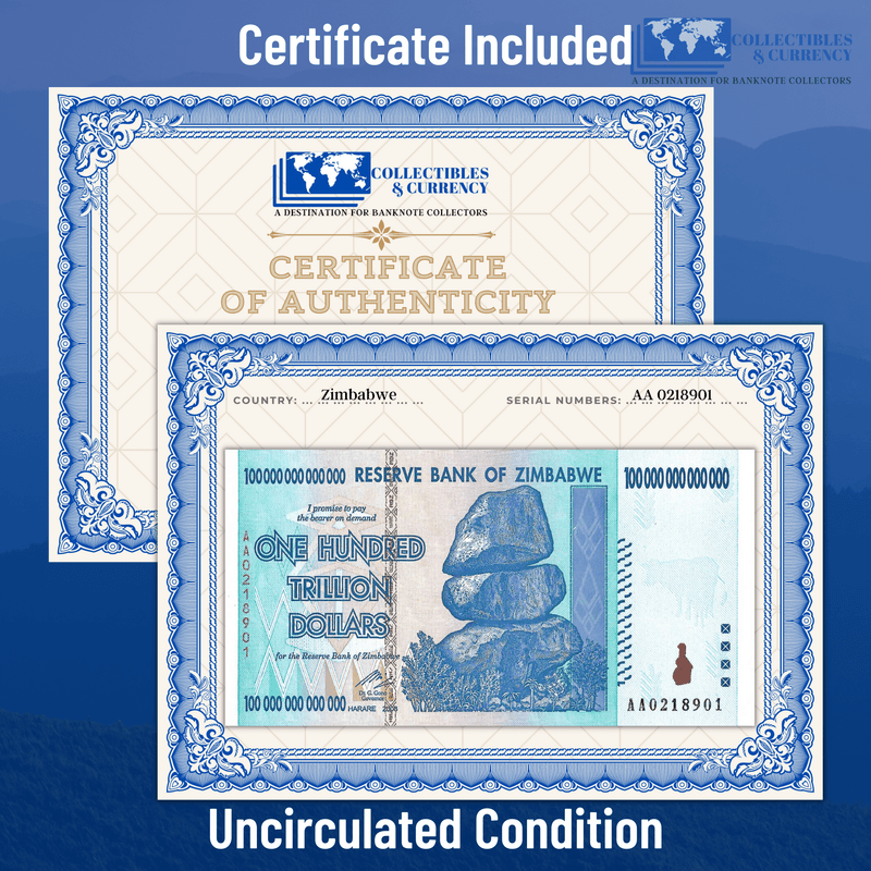 thumbnail image 2 of Zimbabwe 100 Trillion Dollar & One Dollar Banknote Set – Genuine, Uncirculated AA 2 of 6