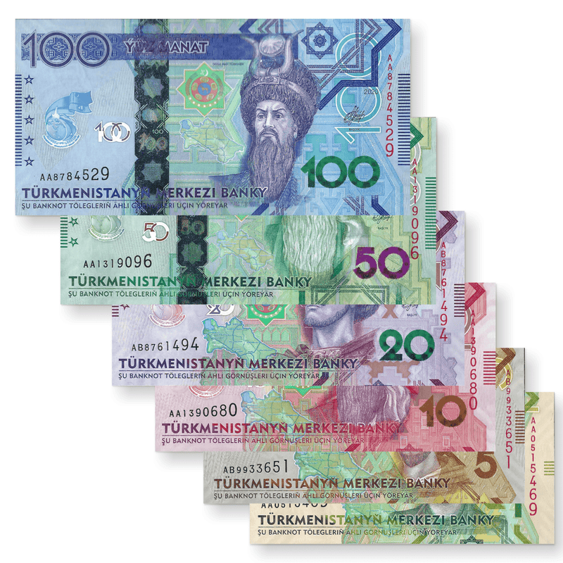 Turkmenistank Banknotes / Uncirculated Turkmenistank Set 6 Pcs 1-5-10-20-50-100 Manat | P-New