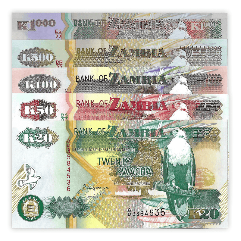 Zambia Banknotes / Uncirculated Zambia Set of 5 Pcs 20-50-100-500-1000 Kwacha