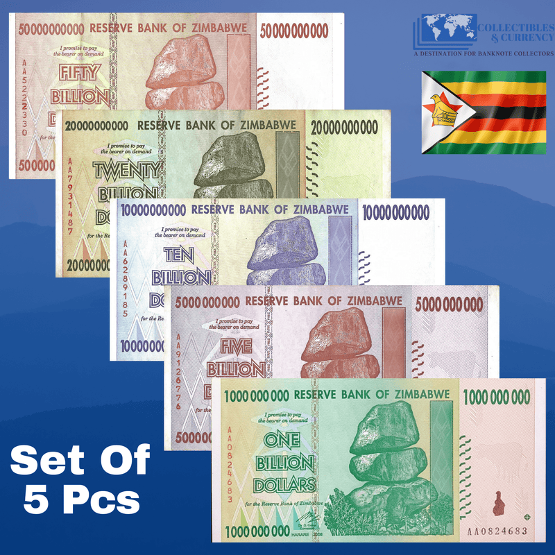Zimbabwe Banknotes / Circulated Zimbabwe Set Of 5 Pcs 1-5-10-20-50 Billion Dollars 2008 Series AA/AB ( Circulated )